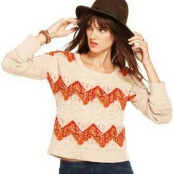 Maison Jules Cropped Zig Zag Knit Sweater Size Womens S Chunky Fall Boho Buttons - Picture 1 of 6